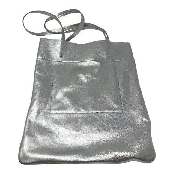 Madewell Silver The Magazine Leather Tote Bag Metallic Shoulder - Picture 4 of 10